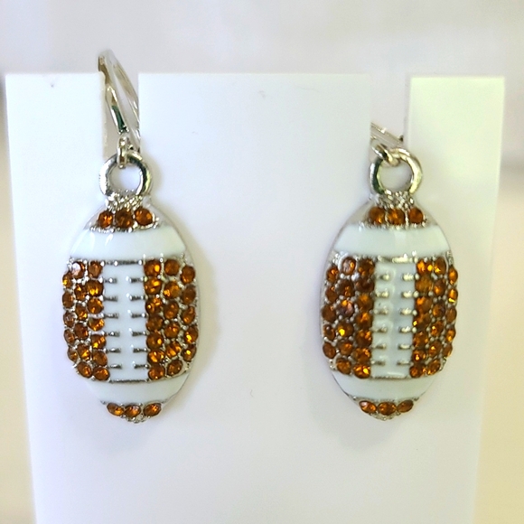 Football NFL sport theme dangle earrings - brown rhinestone white enamel - Picture 3 of 4